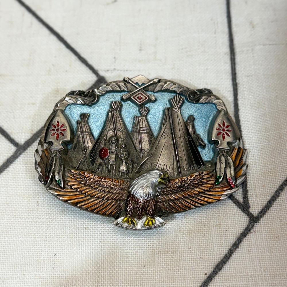 Great American Products Belt Buckle Silver‎ 1993 Native American Eagle Tipi USA